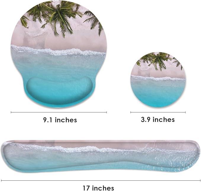 Ergonomic Mouse Pad Set with Wrist Rest, Ocean Blue | Summer Beach Non-Slip Rubber Base Wrist Cushion Support and Coasters Mousepad with Wrist Support for Computer Keyboard
