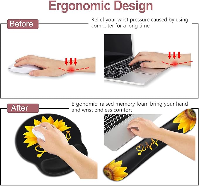 Ergonomic Wrist Protection Mouse Pad Wrist Guard and Keyboard Wrist Rest, Non-Slip Rubber Base Mouse Pad Sunflower and ECG Stethoscope Pattern, Personalized Fashionable Black Office Accessories