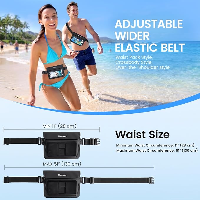 Niveaya Double Space Waterproof Fanny Pack, IPX8 Waterproof Dry Bag Waist Pouch for Beach, Kayaking, Swimming, Boat Travel Essentials, Waterproof Phone Bag & Passport Holder for Women Men(2 Pack)