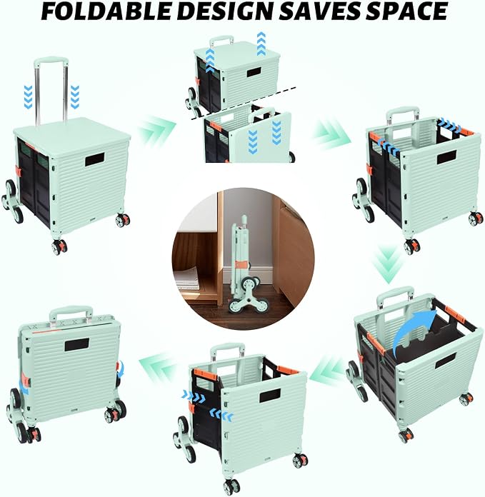 FELICON SELORSS Folding Utility Climber Cart Portable Rolling Crate-Green | Stair Climbing Wheels+360°Swivel Wheels,Telescoping Handle,Plastic Box Dolly for Travel Shop Move Laundry Office Teacher Use