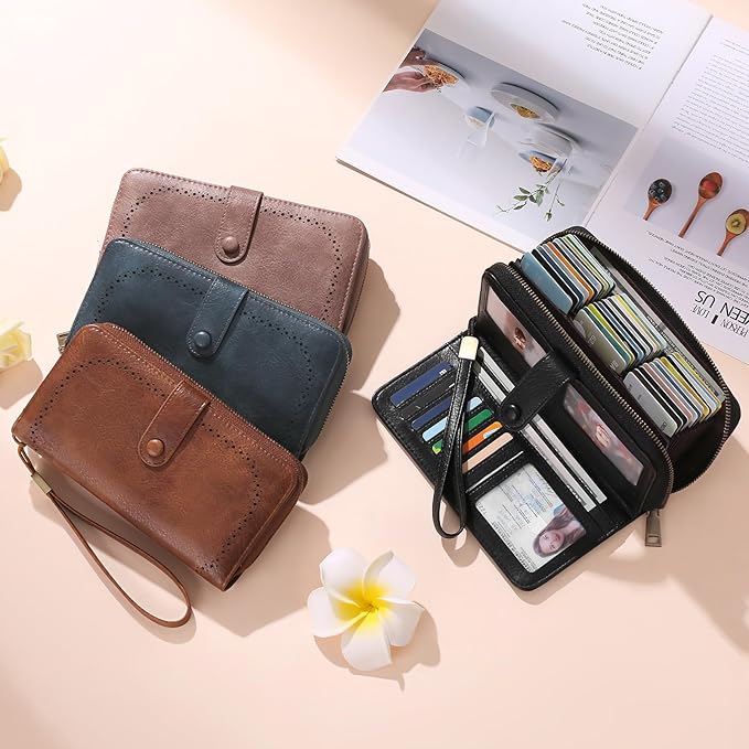 GAEKEAO Leather Credit Card Holder Wallet for Women RFID Blocking Large Capacity Bifold Zipper Card Case Organizer with Wristlet 45 Slots