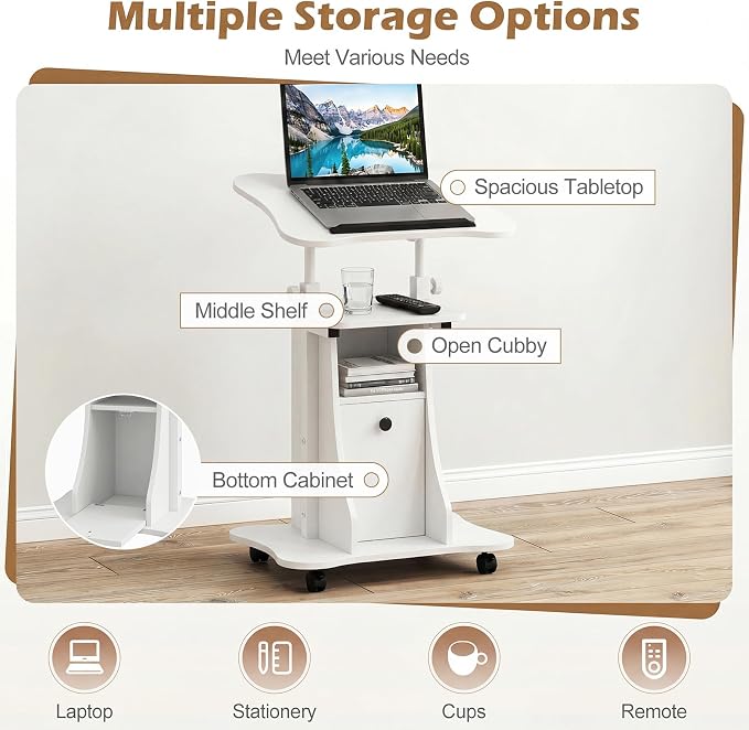 Tangkula Rolling Lectern Podium Stand, Height Adjustable Laptop Table with Tilting Tabletop & Storage Shelves, Compact Standing Desk with Lockable Casters for Home Office School (White)