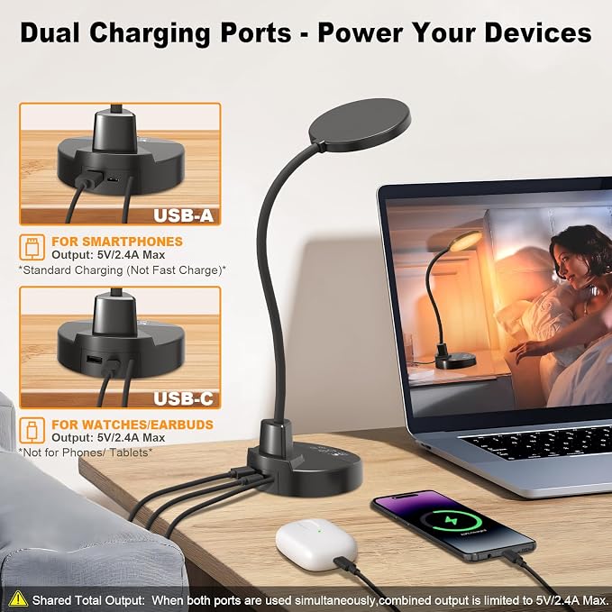 15W LED Desk Lamp with USB Charging Ports, [Button & Remote Control] Dimmable Table Lamp with 3 Color Modes, 5 Brightness Levels, 4 Timers, Flexible Reading Light for Home Office, Bedroom, Kids Study