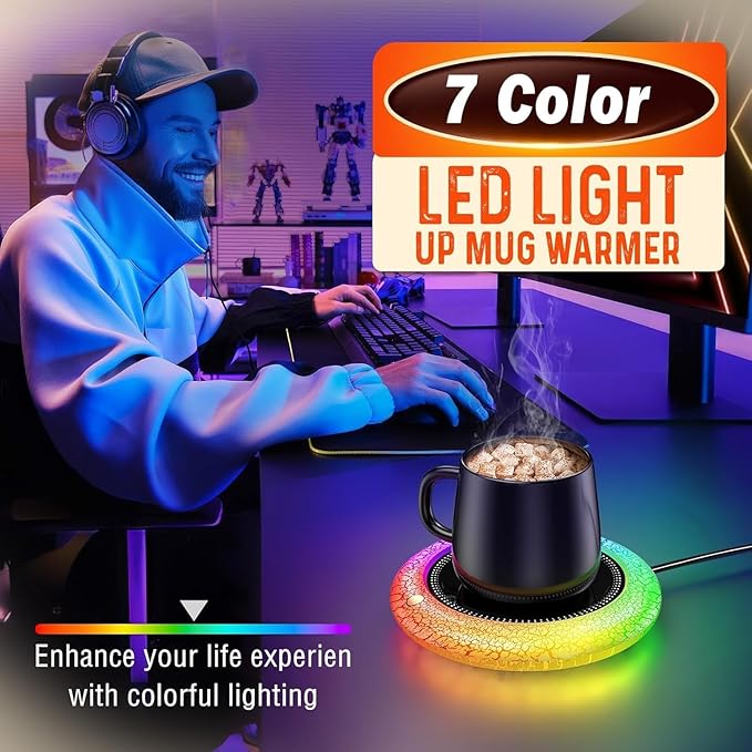Coffee Mug Warmer with 7 LED Color Lights – Fast Heating & High Temp, Auto On/Off Gravity Sensor, Smart Electric Beverage Warmer for Coffee, Tea & More, Desk & Home Use(White)