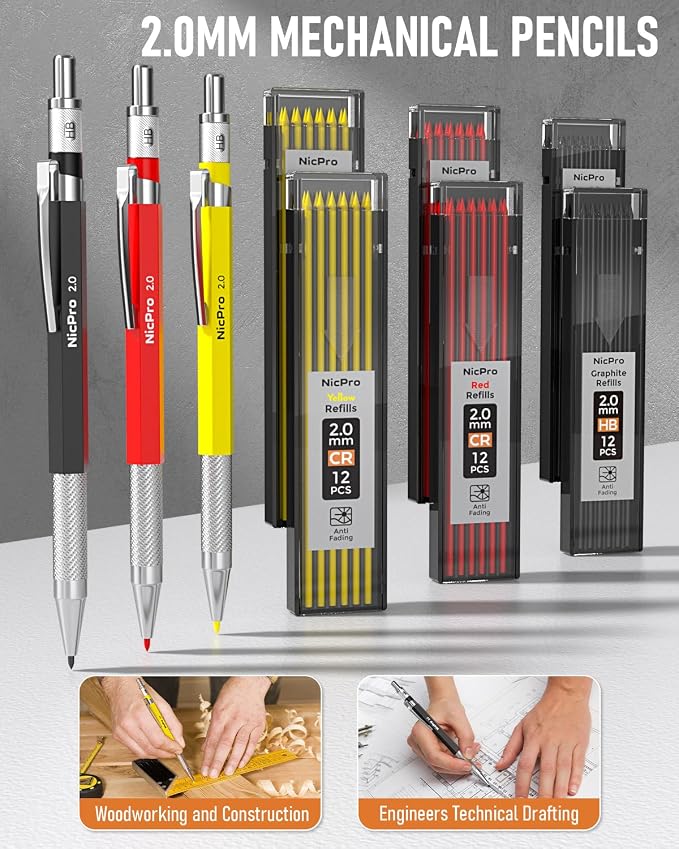 Nicpro 31 Pack Carpenter Pencil Set with Sharpener, Canvas Case | Mechanical Carpenter Pencils + 128PCS Refill, Carbide Scribe Tool, Heavy Duty Construction Pencils for Architect Woodworking