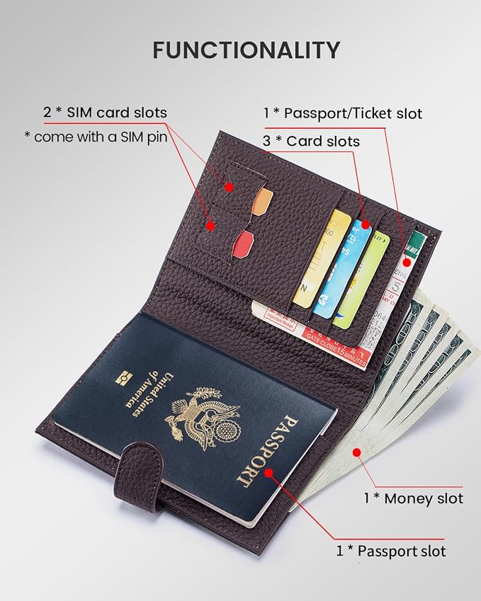 Karmiir RFID Passport Holder Travel Wallet for Women, Leather Passport Cover with Card Holders SIM Slots, Zippered Coins Pocket and Cash Slot Slim Compact Travel Wallet (Coffee)