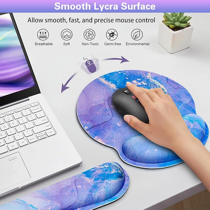 Mouse Pad Purple, Mouse Pad with Wrist Rest Set, 3-in-1 | Wrist Support Mousepad Set,Gaming with Anti-Skid Base,Ergonomic Memory Foam Keyboard Gel Wrist Rest