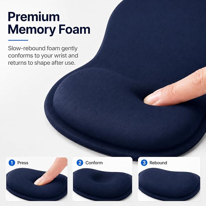 Mouse Pad with Wrist Rest Ergonomic Memory Foam Support, Non-Slip Rubber Base, Comfortable Typing Cushion for Home Office Computer Laptop, Navy Blue