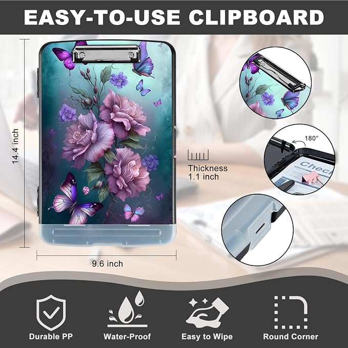 Clipboard with Storage,Heavy Duty Plastic Storage Clipboard with Low Profile Clip,Teacher Must Haves,Office Supplies,Pink Butterfly Flower