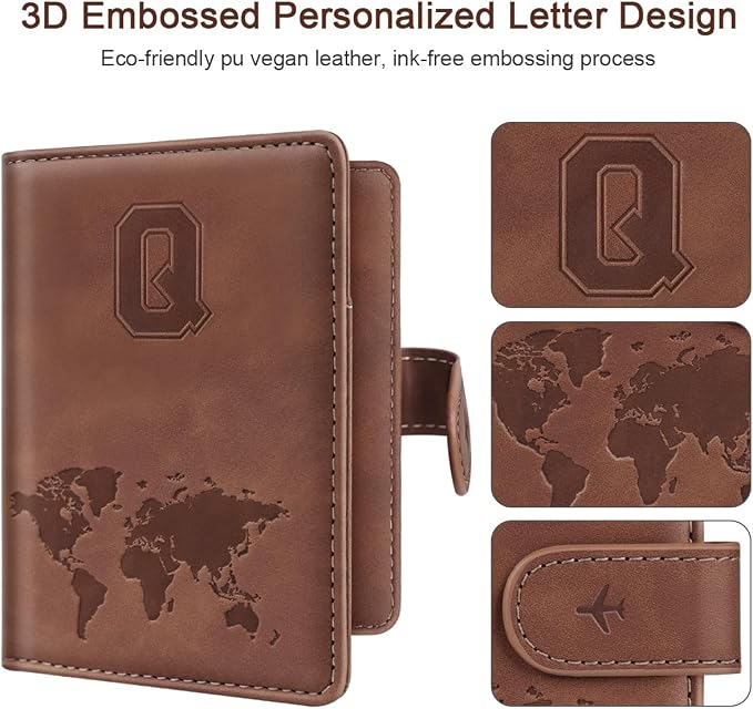Passport Holder Wallet Cover Personalized Initial Travel Essentials | Embossed Letter A-Z Design, Travel Wallets, RFID Blocking, Passport Book Holders, Women and Men, Personalized Gifts, Brown-Q