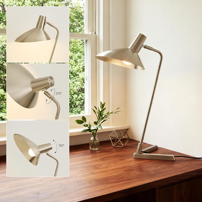 Industrial Desk Lamp Metal Modern Table Lamp 22", Adjustable Neck (4000K) with Adjustable Switch, Ideal for Office Desk Bedroom Bedside Lamps Study Room Living Room Side Table (Nickel)