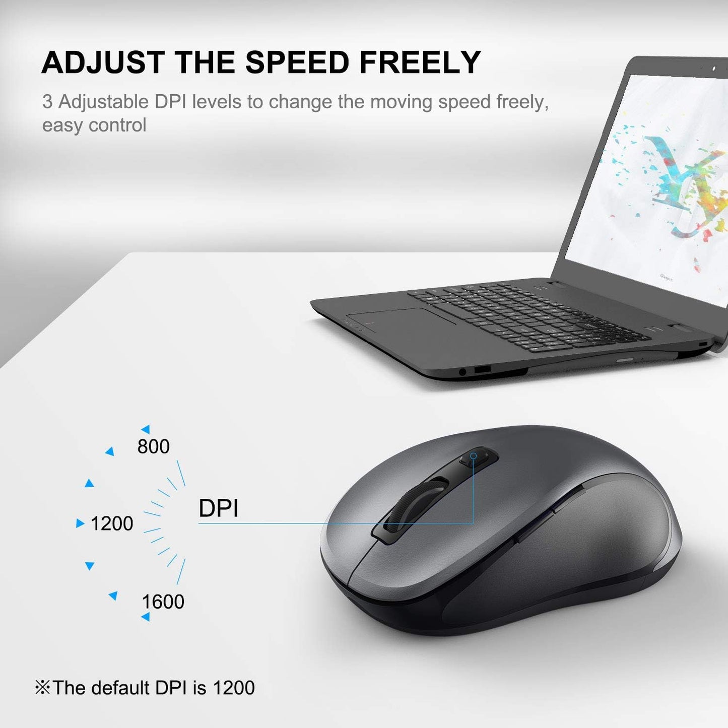 WisFox 2.4G Wireless Mouse for Laptop, Ergonomic Computer Mouse with USB Receiver and Type-C Adapter, 3 Adjustable Levels, 6 Button Cordless Mice for Windows Mac PC Notebook (Grey and Black)