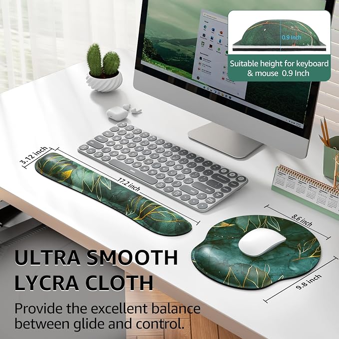 KTRIO Keyboard Wrist Rest & Mouse Pad with Wrist Rest, Green Leaves | Memory Foam Wrist Support, Ergonomic Design, Non-Slip Base, Office and Home Use