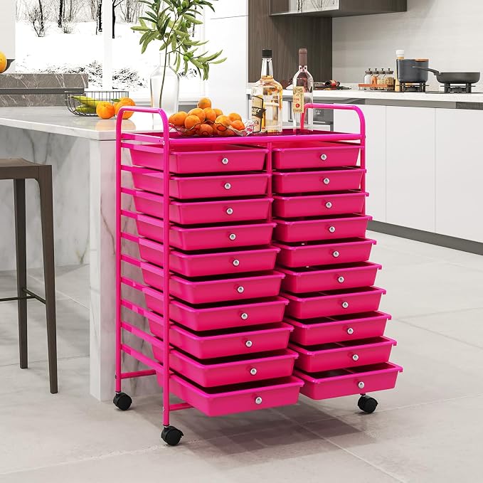 RELAX4LIFE 20-Drawer Rolling Storage Cart - Mobile Rolling Cart w/Drawers for School Classroom Teacher Office Home Salon, Paper File Art Supply Craft Organizer, Utility Cart on Wheels (Hot Pink)