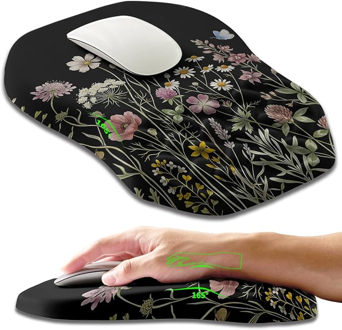 Ergonomic Slope Mouse Pad Wrist Support, Wrist Rest Mousepad for Carpal Tunnel Pain Relief with Massage Bulge and Slow Rebound Memory Foam (12x8 inch, Butterfly and Flower)