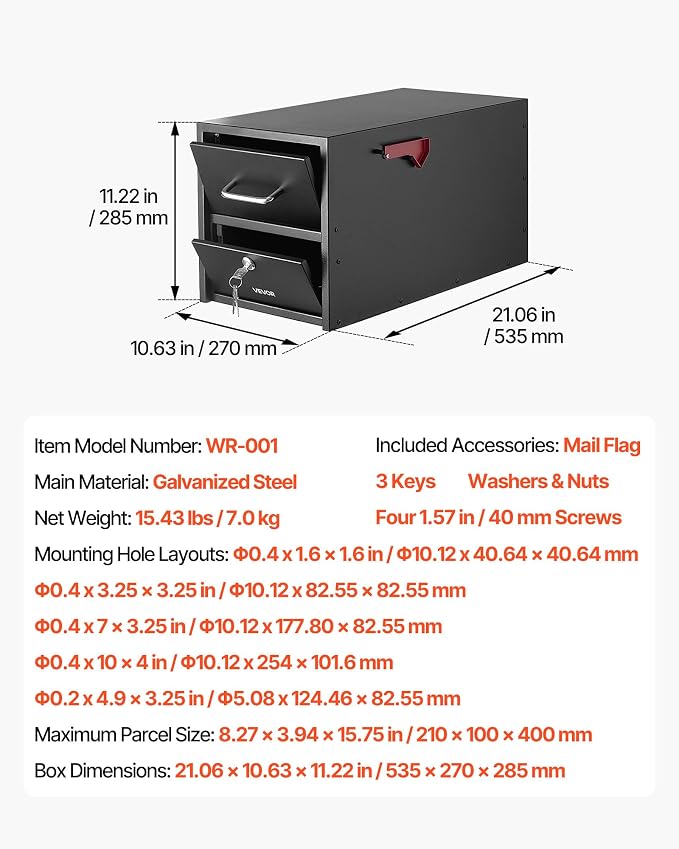 VEVOR Post Mount Mailbox, Anti-Pry & Anti-Theft Mailboxes for Outside, Heavy Duty Lockable Mail Box with Magnetic Door, Weather-Resistant Metal Post Box for House Outside 21.06 x 10.63 x 11.22 in