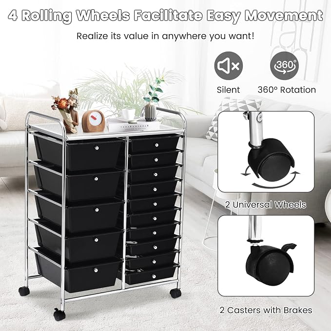 GLACER 15 Drawers Rolling Storage Cart, Steel Frame Craft Organizer Cart | Utility Cart w/Lockable Wheels & Sleek Handle, Mobile Art & Tool Supply Trolley for Teacher, Home, School, Office (Black)