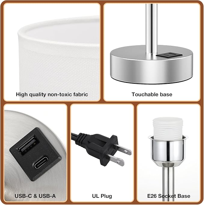 Dicoool Bedside Table Lamp for Bedroom - 3-Way Dimmable Touch Lamp, USB A+C | LED Bulb Included, 14" Small Nightstand Lamp for Desk, Living Room, Guest Room, White Fabric Lampshade, Silver Metal Base