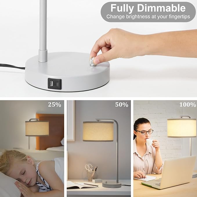 25" Tall Table Lamp with USB C+A Ports, Fully Dimmable Nightstand Lamp | Modern Grey Bedside Lamp with Beige Shade, Minimalist Desk Lamp for Living Room Bedroom Office, LED Bulb Included