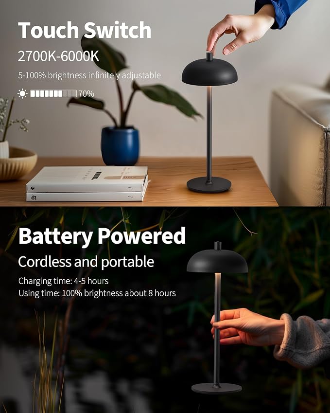 12" Cordless Table Lamps Set of 2, Black Modern Portable Desk Lamp | LED, 3 Color Dimming, Rechargeable, Battery Operated Lights for Bedroom, Outdoor, Restaurant, Bedside, Night Light, Gifts