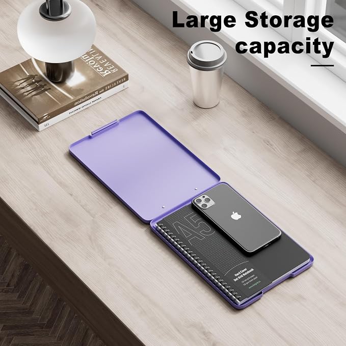 Hongri A5 Clipboard with Storage, Metal Retractable Pen Holder, Purple | 6 x 9'' Nursing Plastic Foldable Clip Board, Size 9.4 x 6.1 x 0.9 in, Menu Box for Work, Office & School Supplies