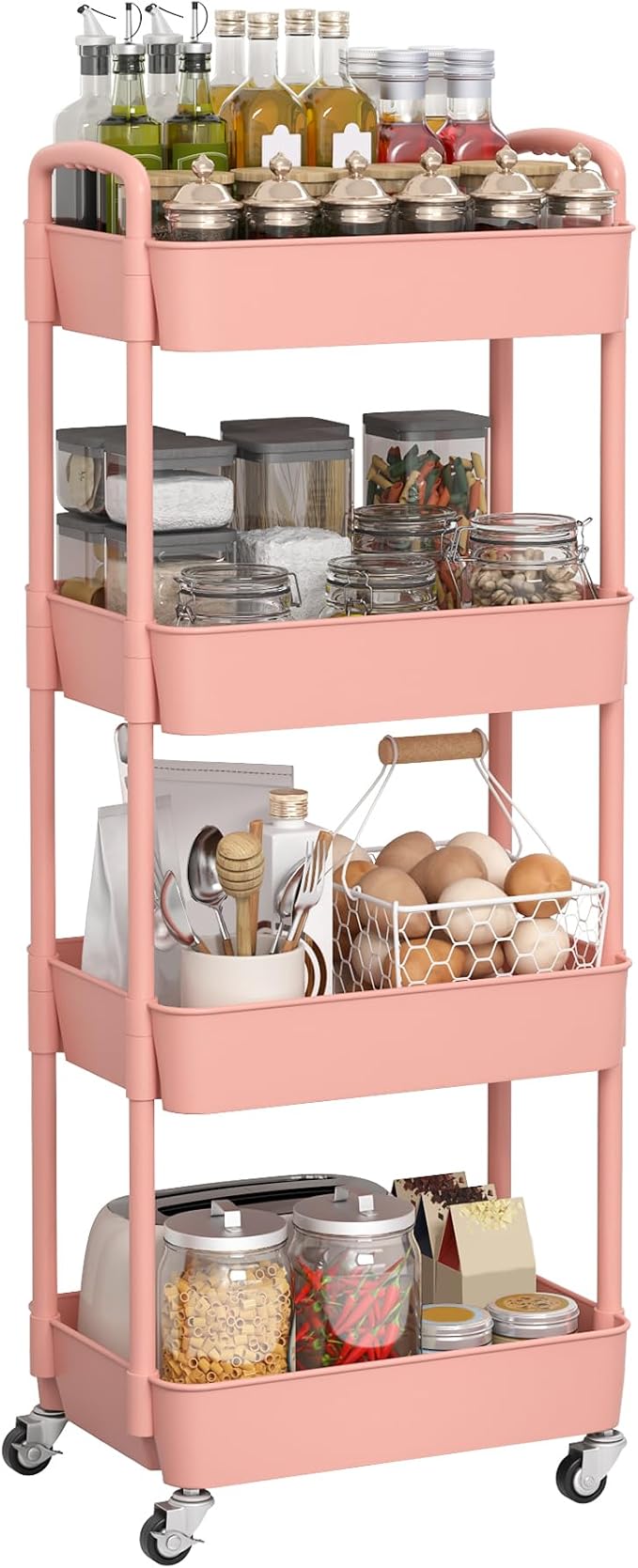 Sywhitta 4-Tier Plastic Rolling Utility Cart with Handle, Multi-Functional Storage Trolley for Office, Living Room, Kitchen, Movable Storage Organizer with Wheels, Pink | Multi-Functional Storage Trolley, for Office, Living Room, Kitchen, Bathroom,Mova...