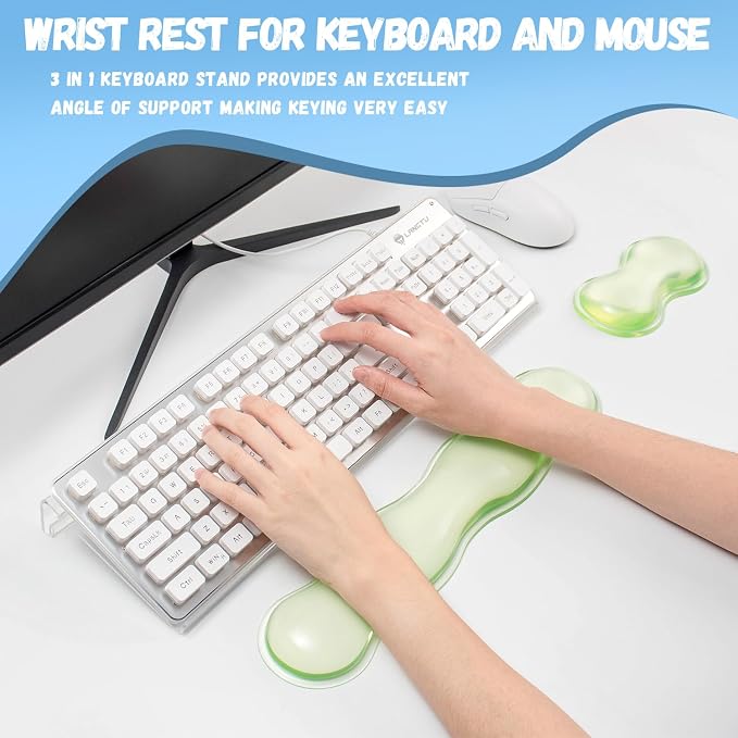 Acrylic Keyboard Stand with Cooling Gel Wrist Rest Set, Clear Ergonomic Keyboard Riser, Tilted Computer Keyboard Holder with Non-Slip Silicone for Mechanical/Wireless Keyboards, Home Office & Gaming