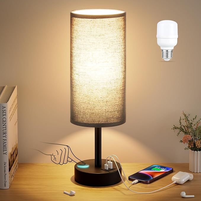Dicoool Bedside Table Lamp for Bedroom - 3-Way Dimmable Touch Lamp, USB A+C | LED Bulb Included, 14" Small Nightstand Lamp for Desk, Living Room, Guest Room, Black Fabric Lampshade, Black Metal Base