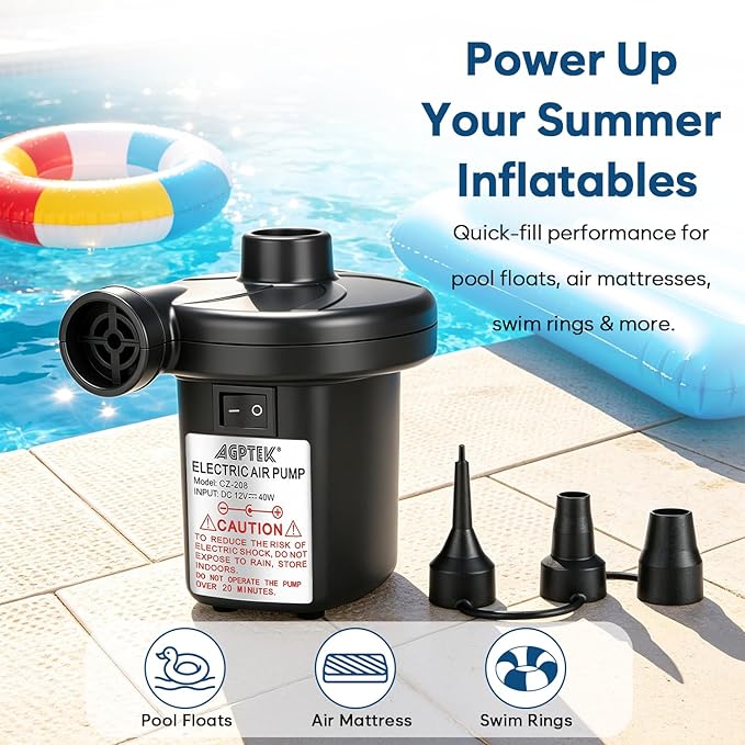 AGPTEK Electric Air Pump,Portable Air Pump with 3 Nozzles, 4.5kPa Quick-Fill,110V AC/12V DC Inflator/Deflator Pumps for Outdoor Camping, Inflatable Air Mattress Beds, Boats, Swimming Ring