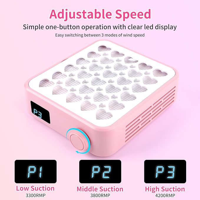 BQAN Portable Nail Dust Collectorwith 4200RPM Fan for Acrylic Nail Pink | 10pcs Filter Papers & Nail Brush Include | Strong Suction | Adjustable Speed | For Acrylic & Gel | Professional & Home Use
