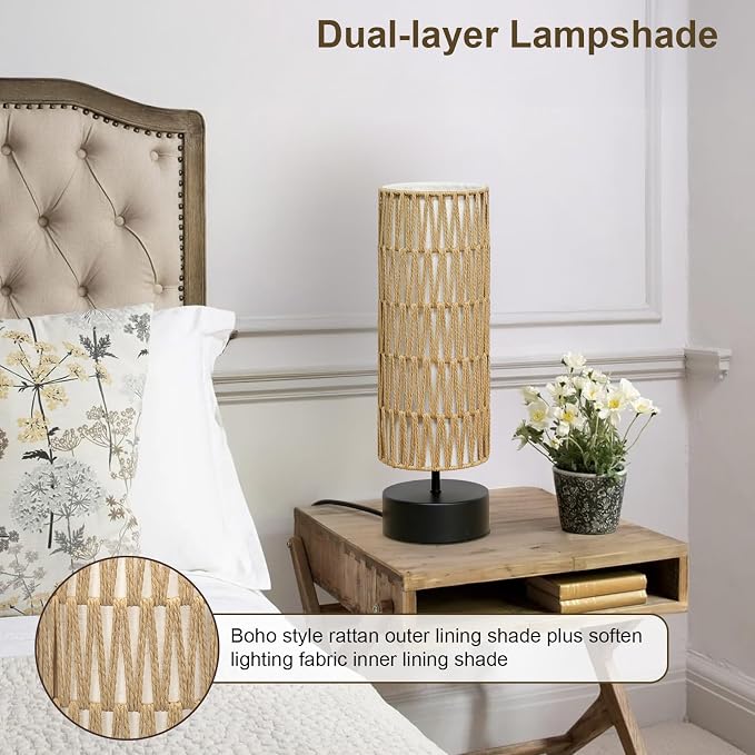 Rattan Table Lamp, Touch Control Bedside Table Lamp with Black Base, 3 Way Dimmable Nightstand Lamp with Dual-layer Shade, Boho Night Light for Bedroom Living Room Home Office, 9W LED Bulb Included