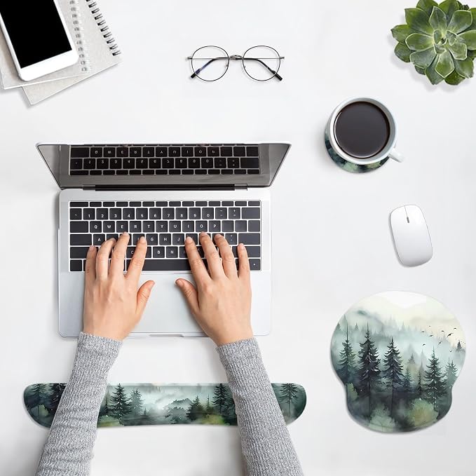 Ergonomic Mouse Pad Set with Wrist Rest, Green Mountain | Forest Ink Style Non-Slip Rubber Base Wrist Cushion Support and Coasters Mousepad with Wrist Support for Computer Keyboard