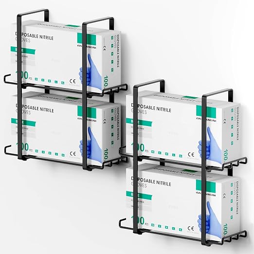 2 Pack Glove Holder Dispenser for Wall Mount, 2-Tire Metal Disposable Latex Glove Box Holder for Home Office, Lab and Garage, Tissue Wire Rack Wall-mounted for Kitchen Organizer Decor, Blak