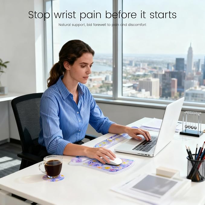 Ospelelf Mouse Pad with Wrist Rest and Ergonomic Gel Keyboard Hand Wrist, Support for Typing Gaming, Relieve Wrist Pain, Cool & Easy to Clean, for Office, Programmer, Home Computer Use Purple Floral