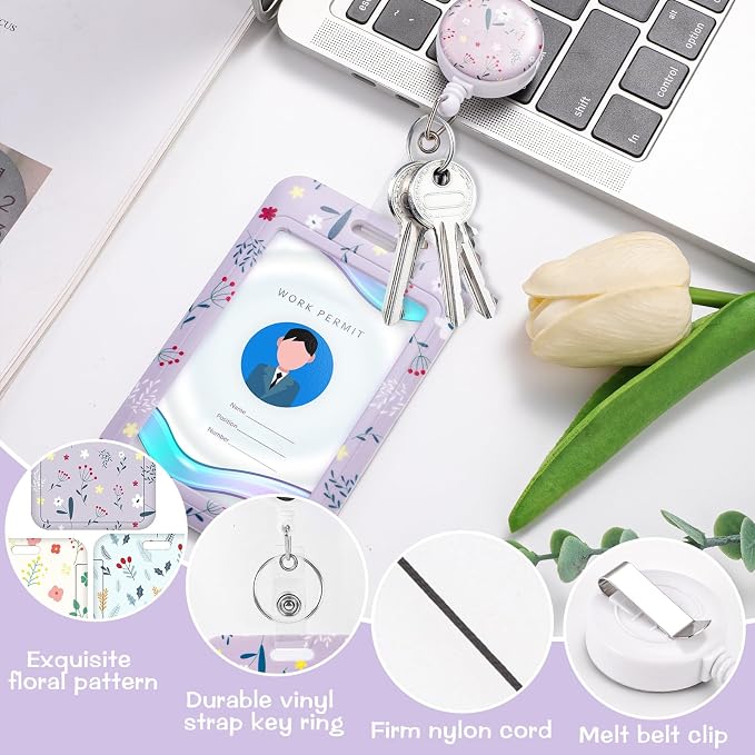 3 Set Badge Holder with Retractable Reel, Flower Pattern Retractable ID Badge Holders with Clip Name Key Card Holder Case for Nurse Doctor Student Teacher Office Gift for Coworkers
