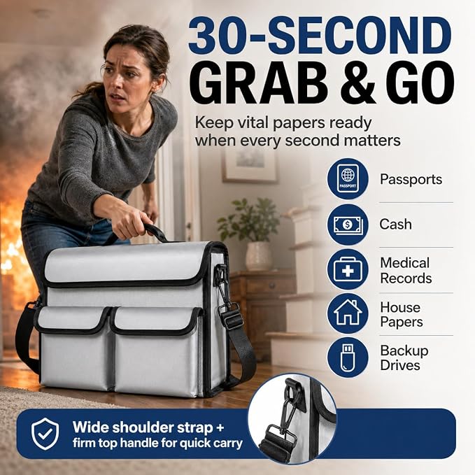 Fireproof Document Bag 17 x 11 in with File Organizer Box | UL94 VTM-0 Certified, Silicone-Coated Fiberglass, 2 Dividers, Grab-and-Go Emergency Storage, Important Document Case for Home
