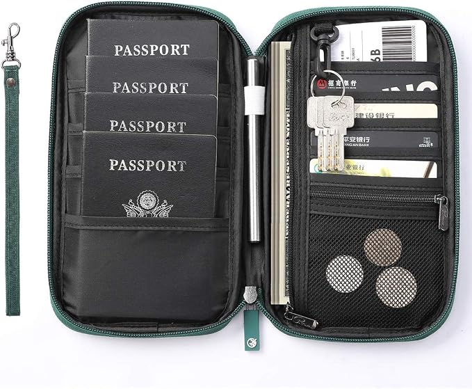 VanFn RFID Travel Passport Wallet, Family Passport Holder, Trip Document Organizer P.Travel Series (Nylon - Green)