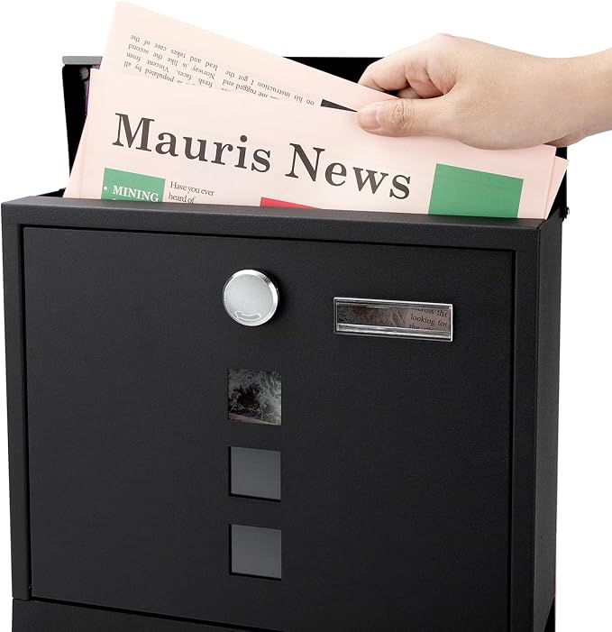 Jssmst Locking Mailbox Wall Mount, Black Mailboxes with Secure Key Lock and Newspaper Compartment, Key Lock Drop Box Large Capacity with Galvanized Cover and Rust-Proof Metal Mailbox, HPB2210 Black