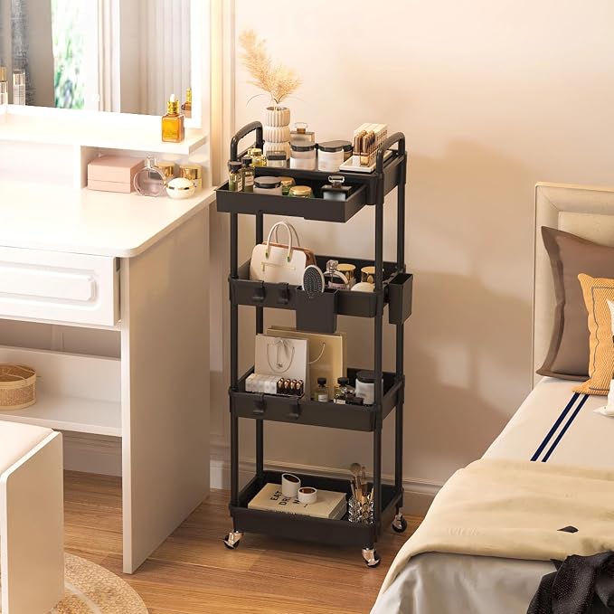 4 Tier Rolling Utility Cart with Drawer, Plastic Storage Organizer Rolling Carts with Wheels Handles Hanging Cups Hooks for Office, Bathroom, Kitchen,Craft Art Room (Black)