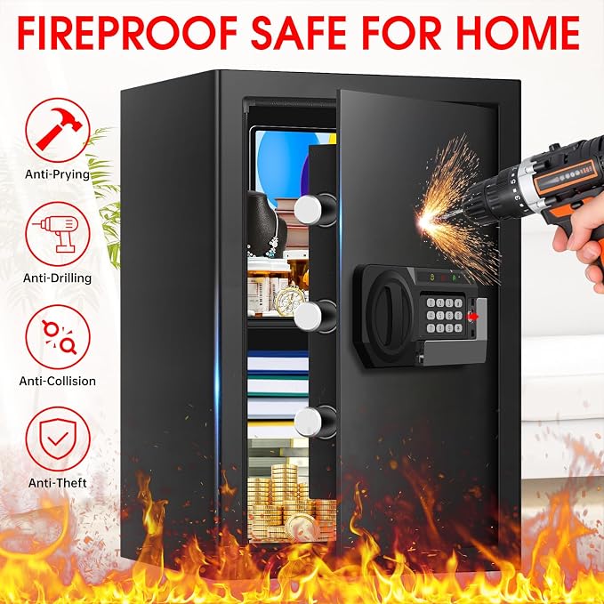 3.3 Cuft Large Home Safes Water and Fireproof, Anti-theft Floor Safe for Home Use with Programmable Keypad, Alarm System and Spare Keys, Digital Home Safes for Documents, Medicine