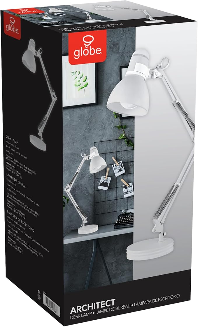 Globe Electric 52024 28" Swing Arm Architect Desk Lamp, Matte White, Rotary Switch on Shade, Partially Adjustable Arm, Modern Lighting for Bedroom or Office, Timeless, Indoor Lights