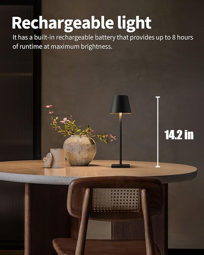 KDG Cordless Black Table Lamp, Portable Desk Lamp, 5000mAh Battery Operated | LED 3 Color Stepless Dimming Up, for Restaurant, Bedroom, Bars, Outdoor Party, Camping, Coffee Shop, Atmosphere Night Light