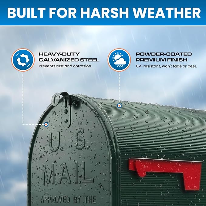 Plexon Jumbo Size Rural Mailbox, 3175 cu-in Capacity, Galvanized Steel, Powder-Coated, 15 in. H x 11.69 in. W x 24.82 in. L, Green, Extra Large