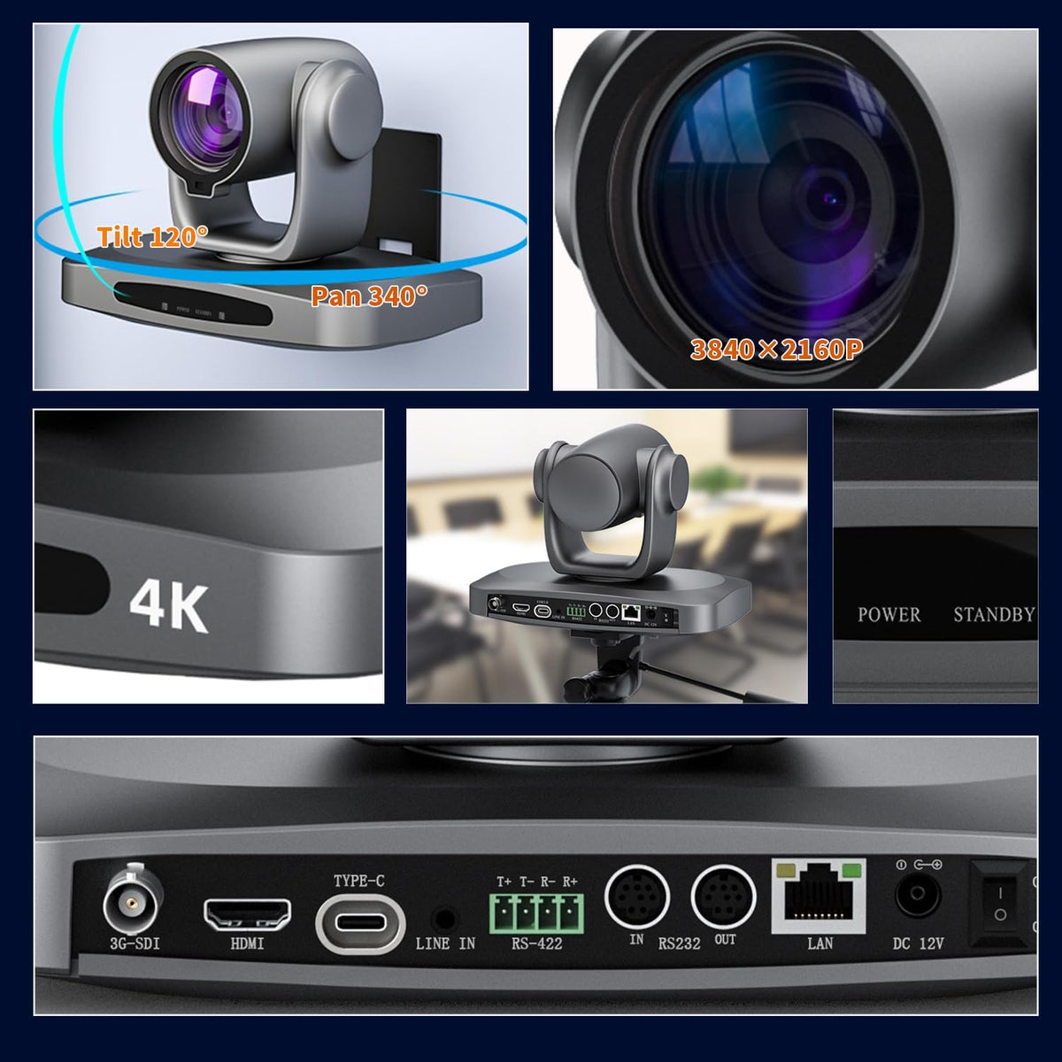 PTZ Camera 4K 21X Optical Zoom, HDMI, 3G-SDI, USB, POE IP Streaming, AI Auto Tracking PTZ Conference Room Camera for Church Services, Worship, Education, YouTube Facebook