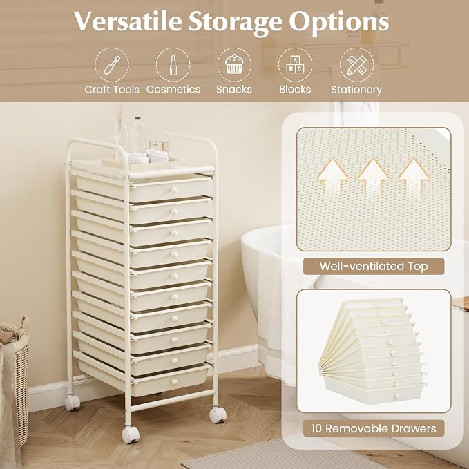 COSTWAY 10-Drawer Rolling Storage Cart, Utility Mobile Trolley | Removable Drawers & Universal Casters & 2 Brakes, Versatile Flexible Drawer Organizer Cart for Home, Office (White)