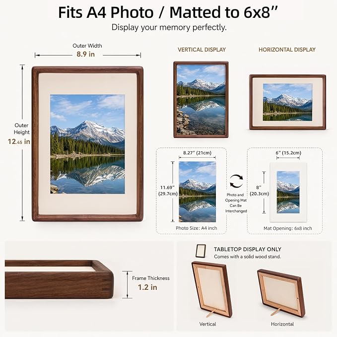 Solid Walnut Picture Frame 6x8 8x10, Large Solid Wood Tabletop Photo Frame with Decorative Joinery Corners (Walnut, For A4 / 8x10 / 6x8 Photo)