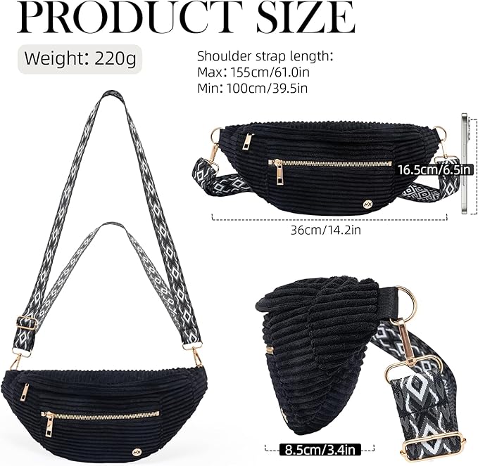 Black Crossbody Bag Corduroy Fanny Pack Vintage Sling Bag with Gold Zipper | Geometric Wide Strap,Versatile,4-Zipper Pockets,Ideal for for Travel Casual Outdoors Shopping