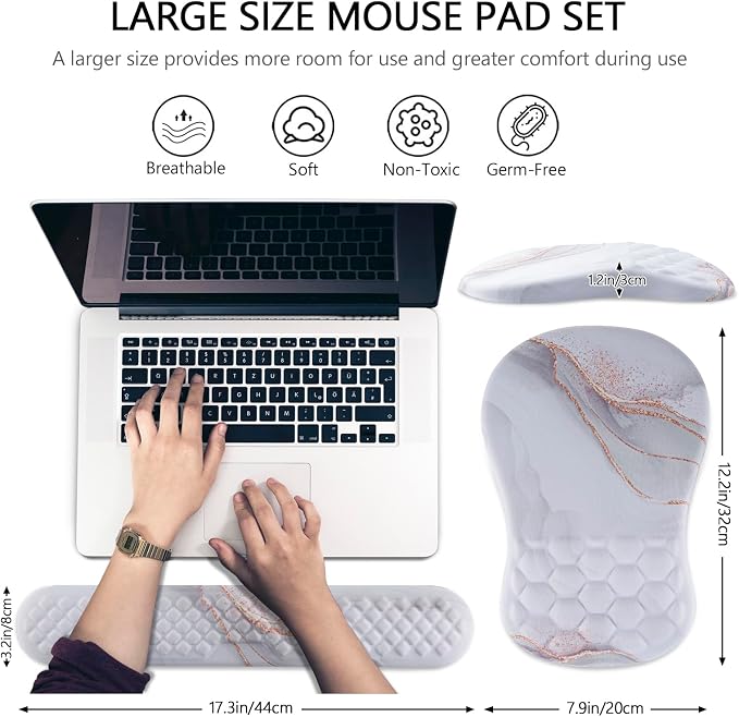 Ergonomic Mouse Pad & Keyboard Wrist Rest Set, Memory Foam | Memory Foam Wrist Cushion, Non-Slip PU Base, Massage Design, Relieves Wrist Pressure for Work, Gaming & Office Use,White