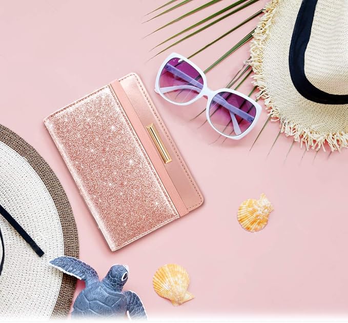 Coco Rossi Passport Holder for Travel Women Slim RFID Passport Cover Wallet | Travel Essentials, Passport Book Holders, Passport Wallet Cover Case, PU Leather, Cute, Thin, Spliced Design, Glitter Rose
