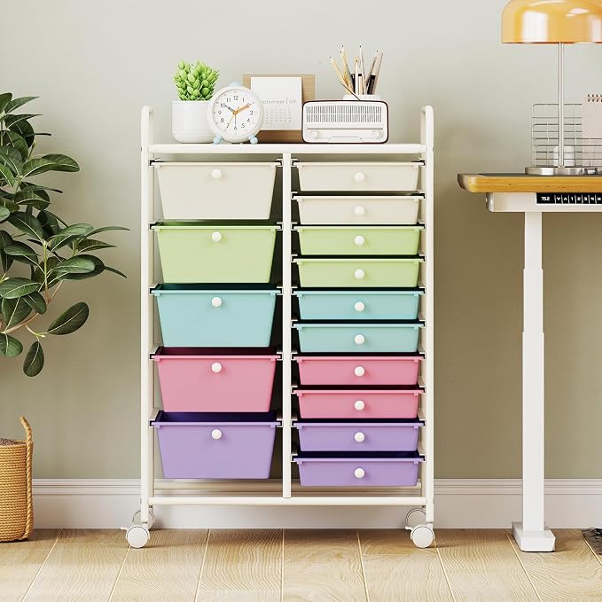 GLACER 15 Drawers Rolling Storage Cart, Steel Frame Craft Organizer Cart | Utility Cart with Wheels & Handle, Mobile Art & Tool Supply Trolley for Teacher, Home, School, Office (Pastel Ice Cream)